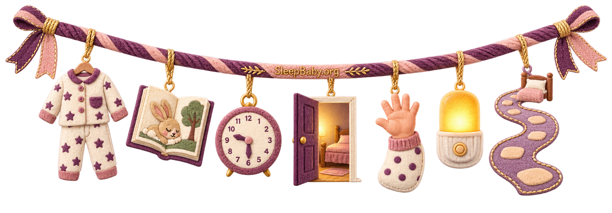 Woven bedtime ribbon with toddler pajamas, a storybook, clock, doorway, raised hand, nightlight and winding sleep path