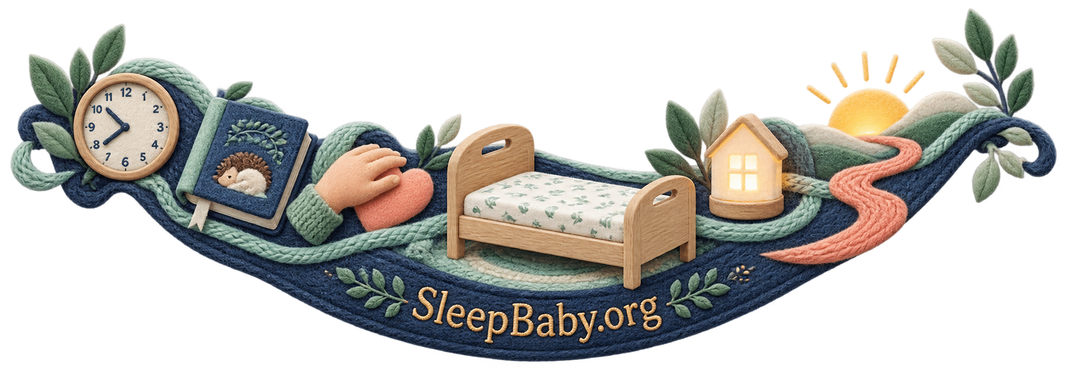 Indigo relief ribbon with a quiet clock, closed storybook, hand on heart, low bed, sunrise, nightlight and one coral path