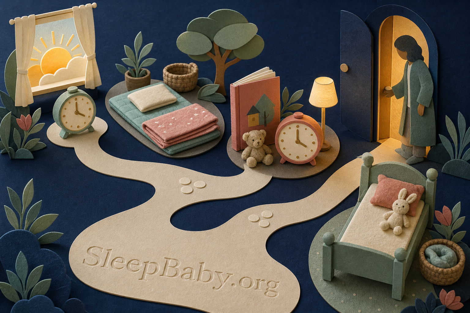 A tactile night trail connects morning wake time, a midday nap mat, bedtime books and clock, and a low-light parent response