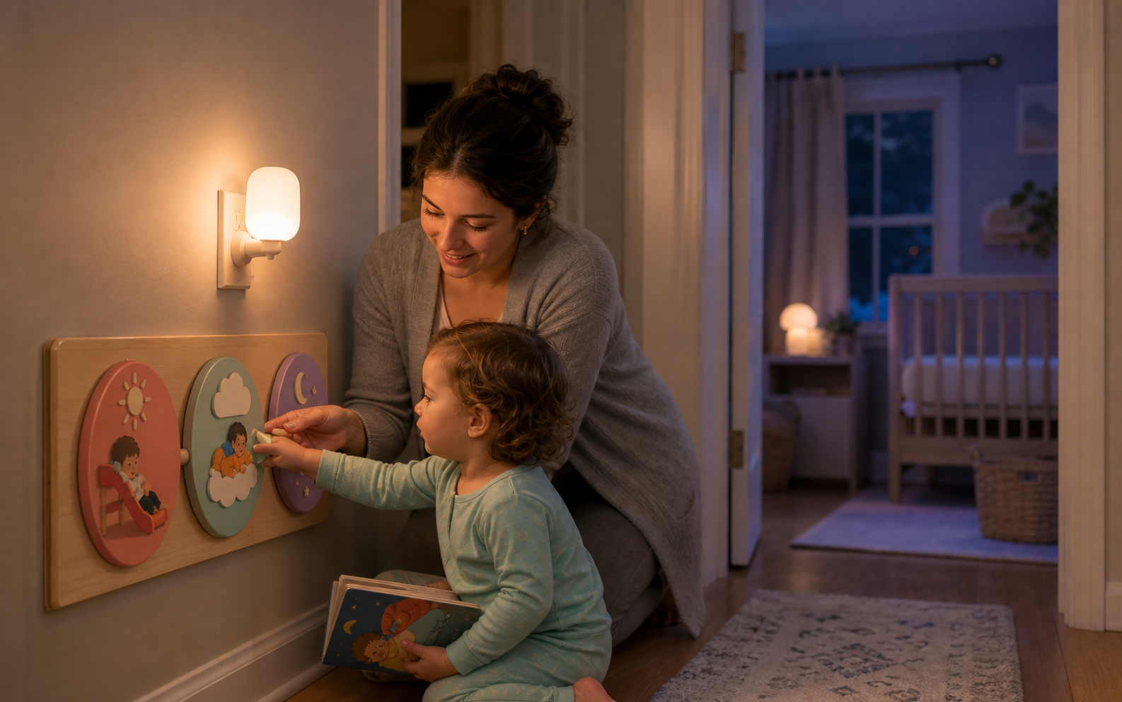 Awake pajama-clad toddler and caregiver turn three picture dials near a softly lit empty crib at bedtime.