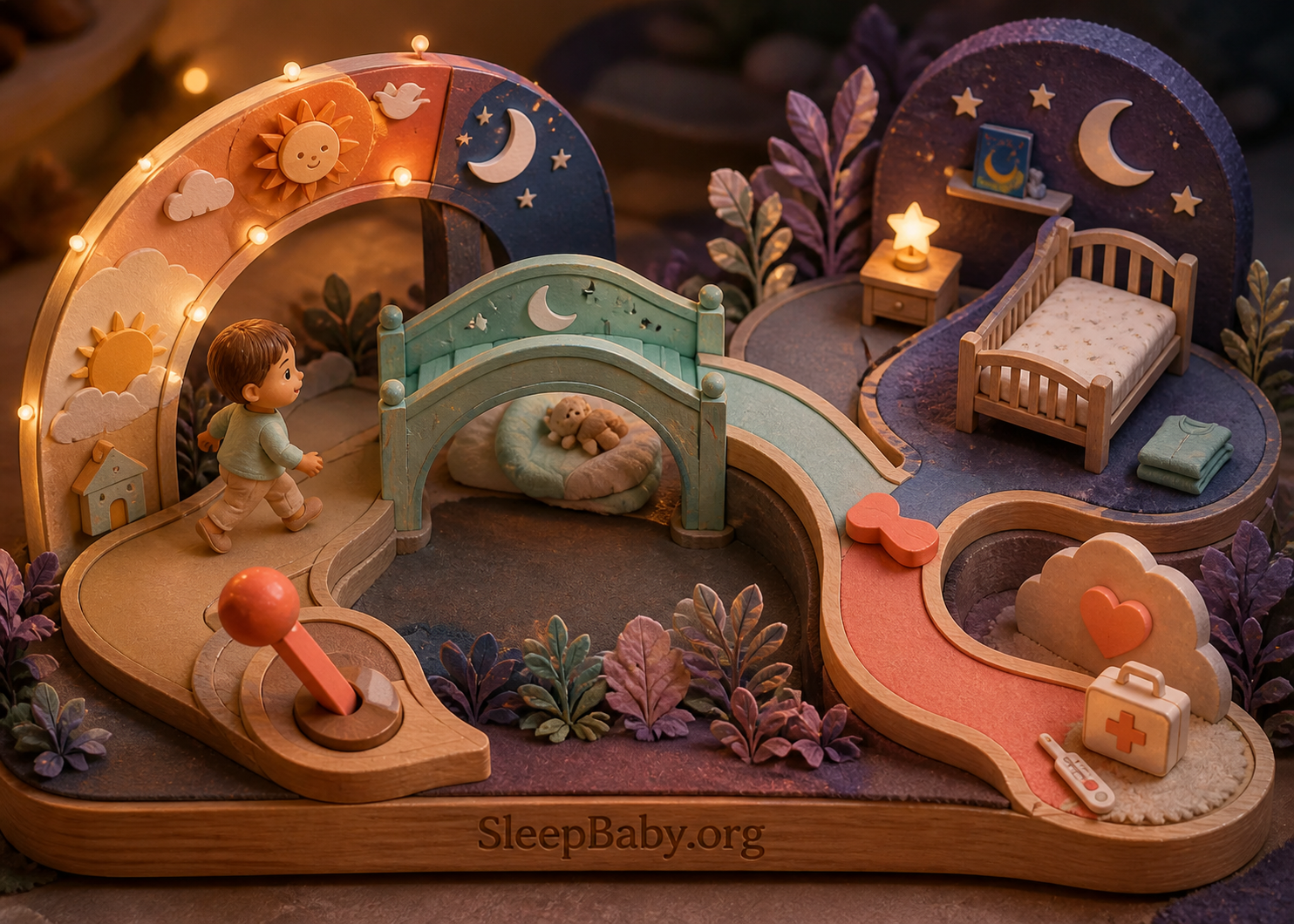 Three connected sleep-schedule paths lead from one coral adjustment lever to rest, bedtime, or a physical-concern exit.