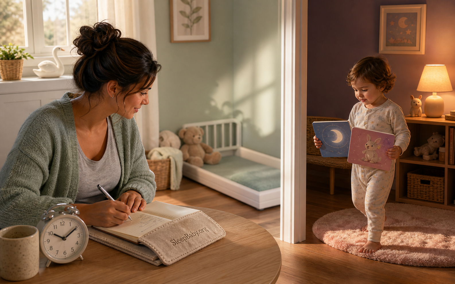 A nap log and clock connect daytime rest with a toddler's two bedtime book choices.