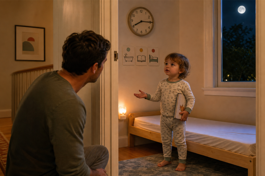 Parent listens as a pajama-clad two-year-old holds one more book beside a bare toddler bed