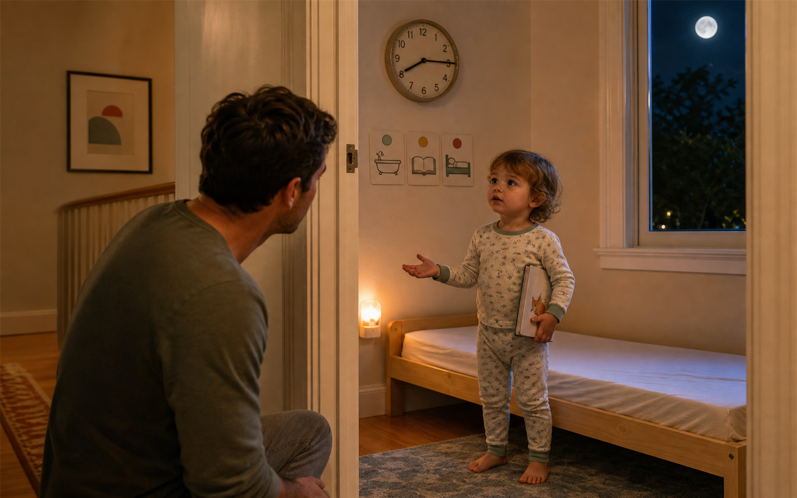 Parent pauses beside a toddler bed as an alert two-year-old requests one more bedtime item