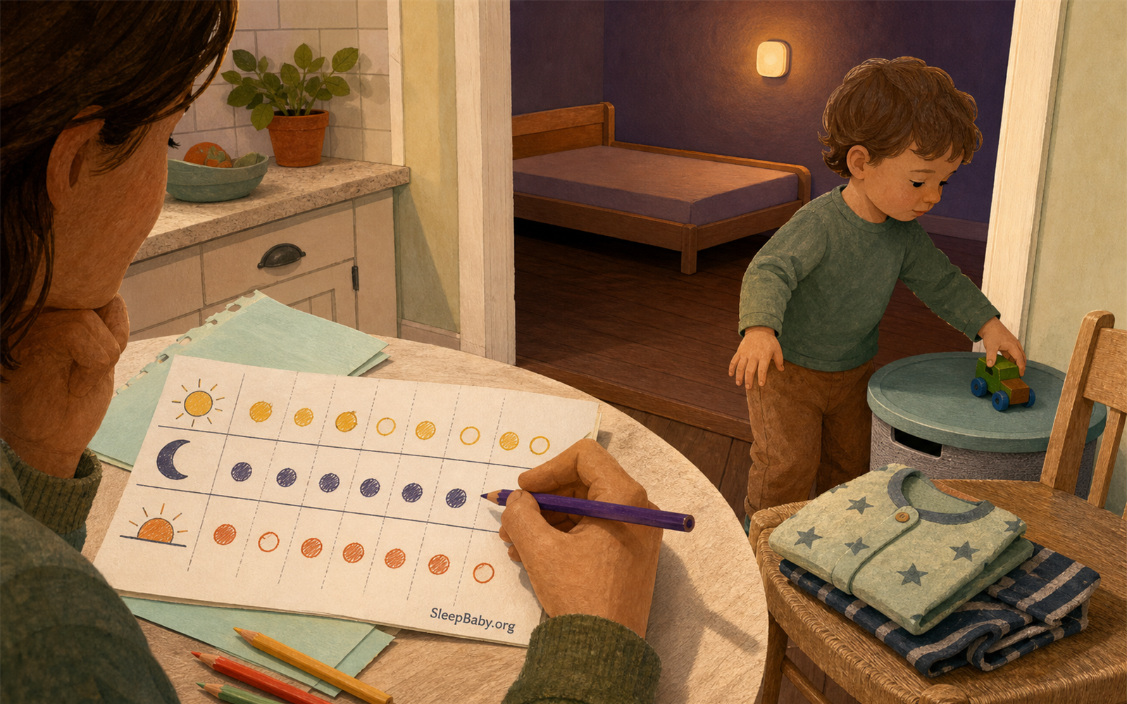 Parent reviews a simple nap and bedtime note while a two-year-old winds down nearby