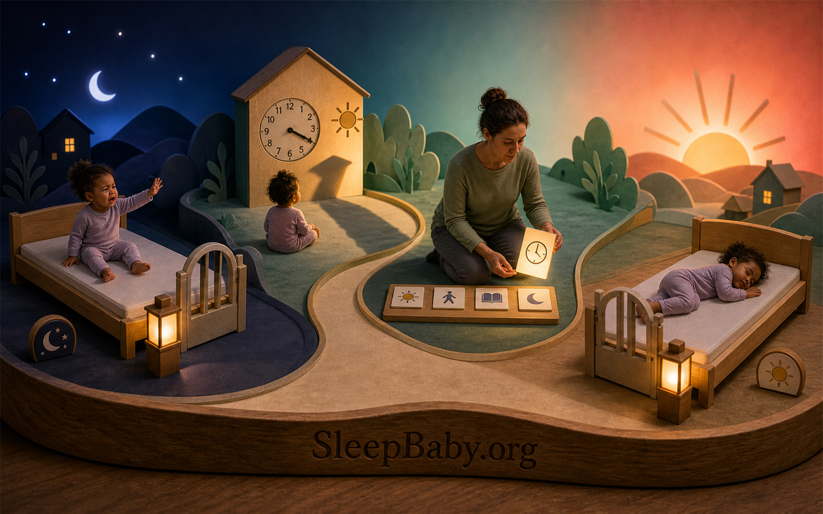Night-to-morning toddler sleep scene linking one observed pattern to one calm bedtime adjustment