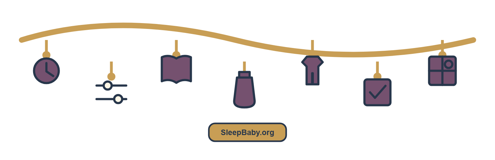 Charm ribbon of moved clock, sliders, bedtime book, feeding cue, pajamas, checked note, and window.