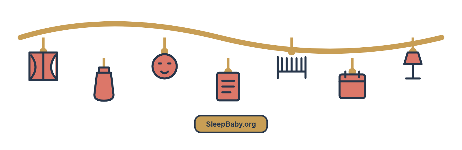 Charm ribbon of curtains, feeding cue, awake yawn, nap log, empty crib, calendar, and dim lamp.