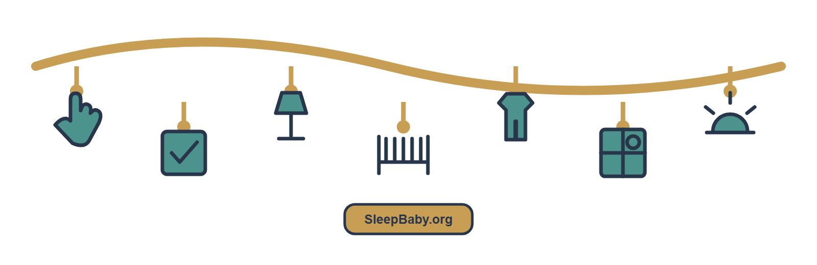 Charm ribbon of relaxed hand, checked routine, nightlight, empty crib, pajamas, window, and sunrise.