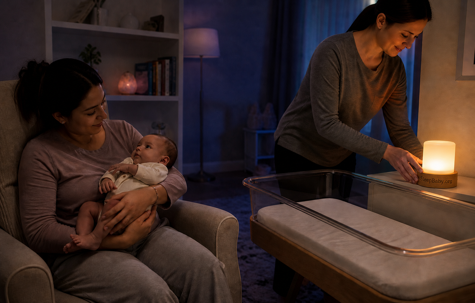 One caregiver holds an awake three-month-old while another dims a SleepBaby.org nightlight beside a clear empty bassinet
