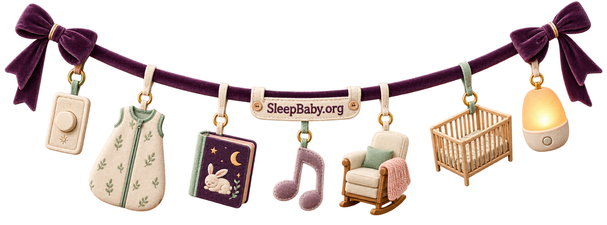 SleepBaby.org bedtime rail with dimmer, sleep sack, book, lullaby note, feeding chair, empty crib, and amber nightlight