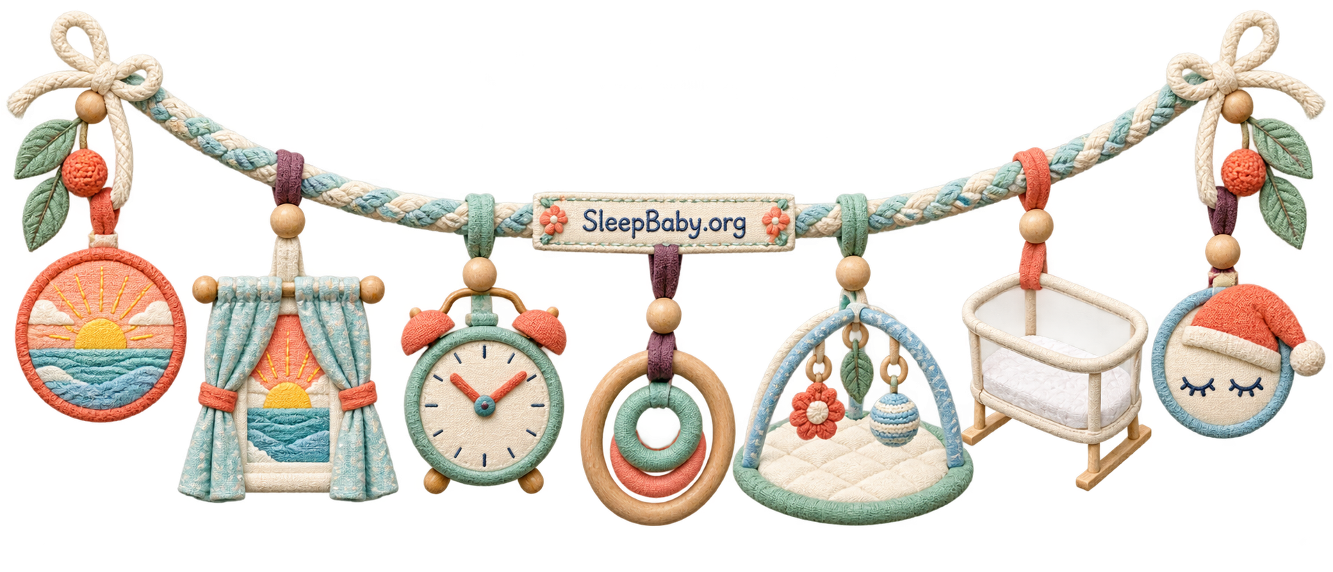 SleepBaby.org morning rail with sunrise, curtains, clock, three rings, play mat, empty bassinet, and sleepy cue