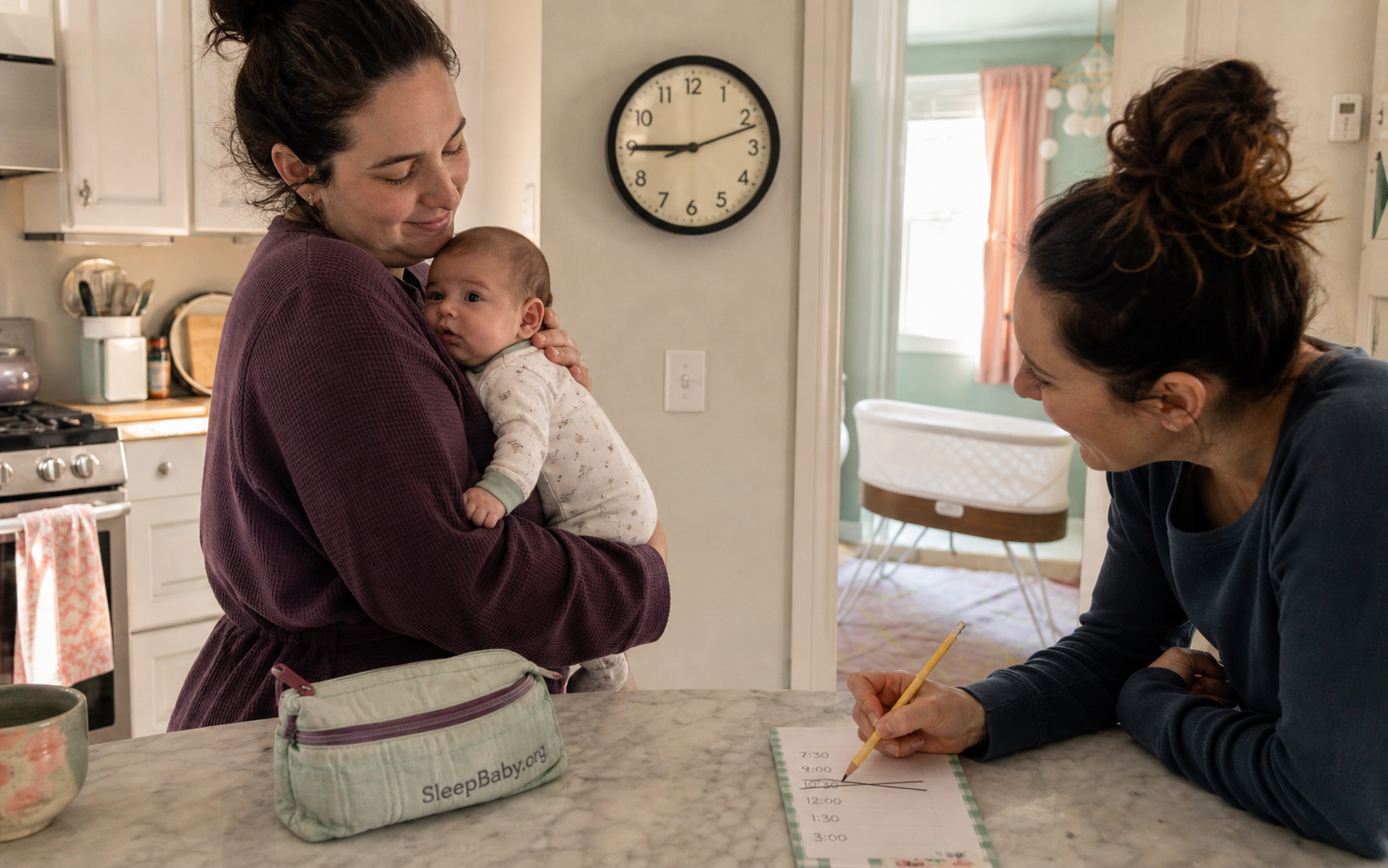 Caregiver holds an awake three-month-old while another crosses out one time on a paper schedule beside a SleepBaby.org pencil pouch