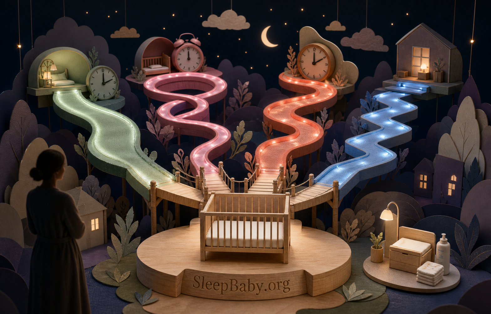 Four different three-month sleep patterns Four glowing night paths for short naps, false starts, a lost first stretch, and changed behavior converge on one bare crib