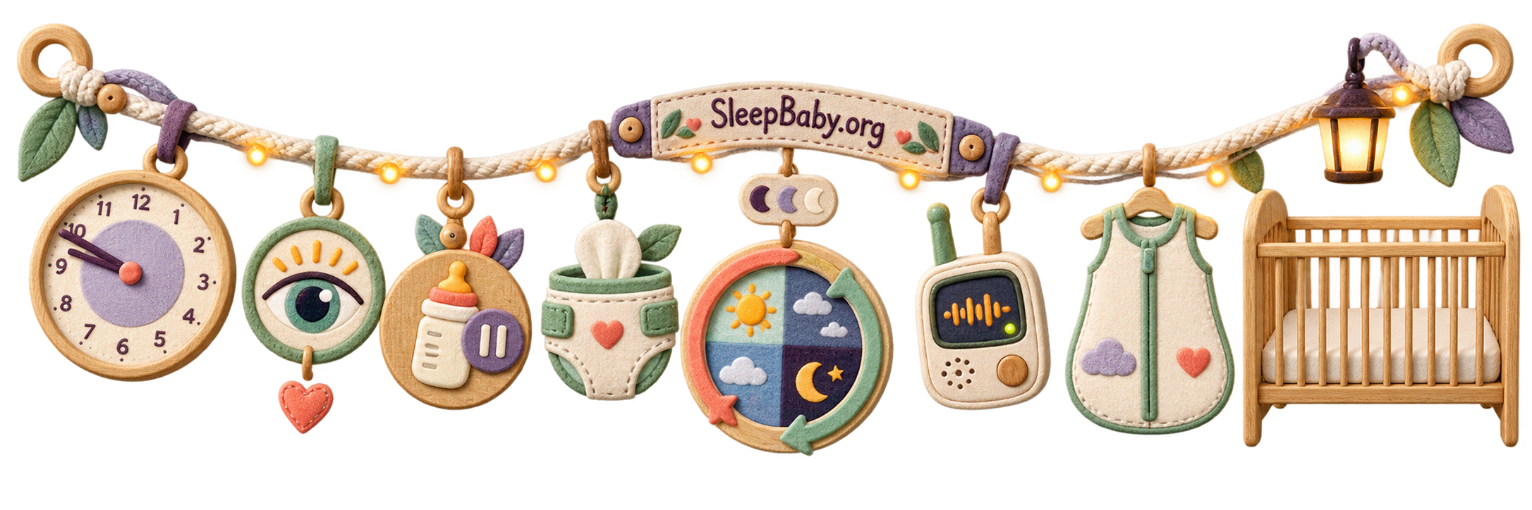 Transparent teaching rail links clock, wellness check, feeding pause, diaper, day-night rhythm, monitor, wearable layer, and bare crib