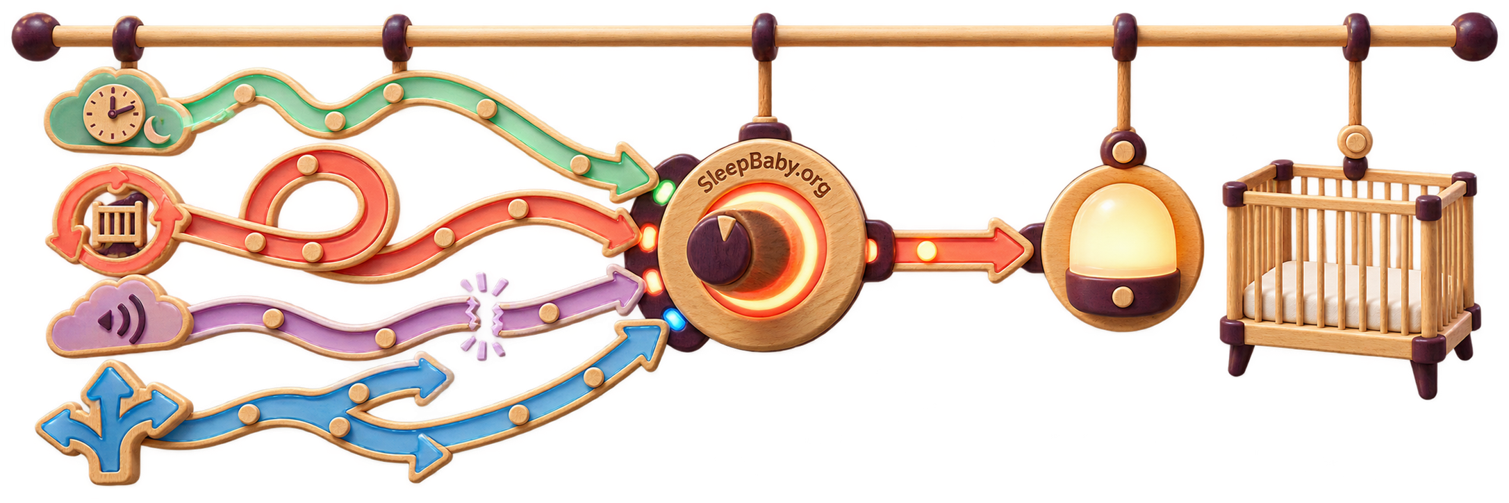Transparent teaching rail narrows four uneven clock, crib, sound, and direction paths into one control leading to a night-light and bare crib