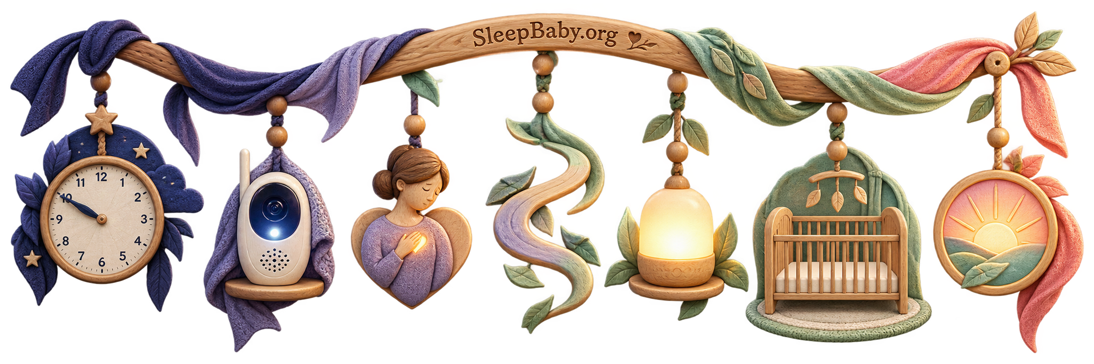 Transparent teaching rail returns from a nighttime clock and monitor through a calmer caregiver, night-light, bare crib, and sunrise