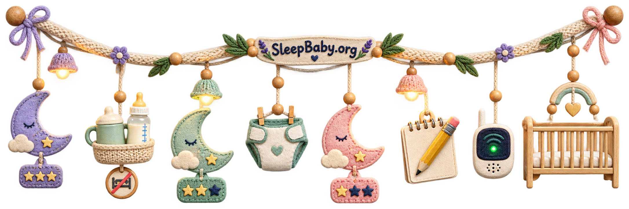 Transparent teaching rail marks three nights with feed, no-swaddle, diaper, note, monitor, and bare-crib stations