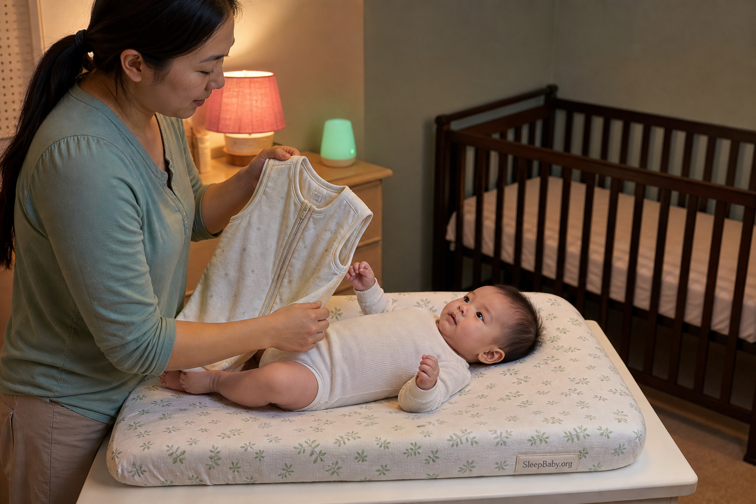 Preparing an arms-free bedtime after rolling signs An alert caregiver prepares an arms-free wearable layer beside an awake three-month-old and a waiting bare crib