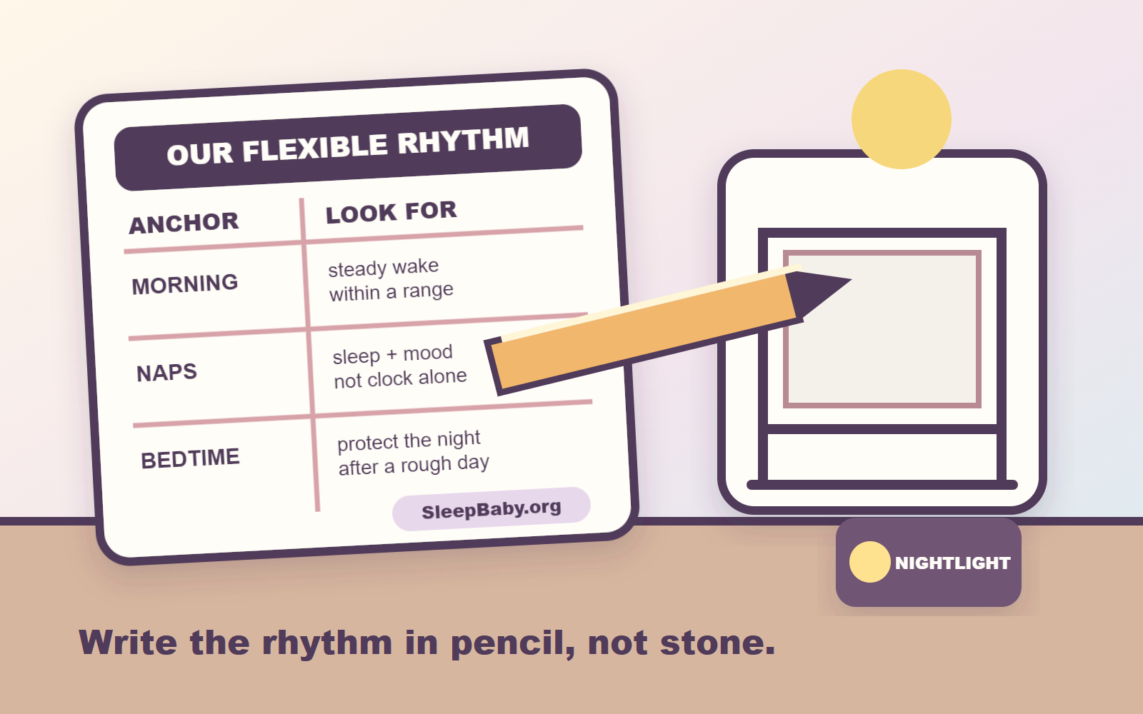SleepBaby.org rhythm card listing morning, naps, and bedtime anchors beside a pencil, nightlight, and safe empty crib