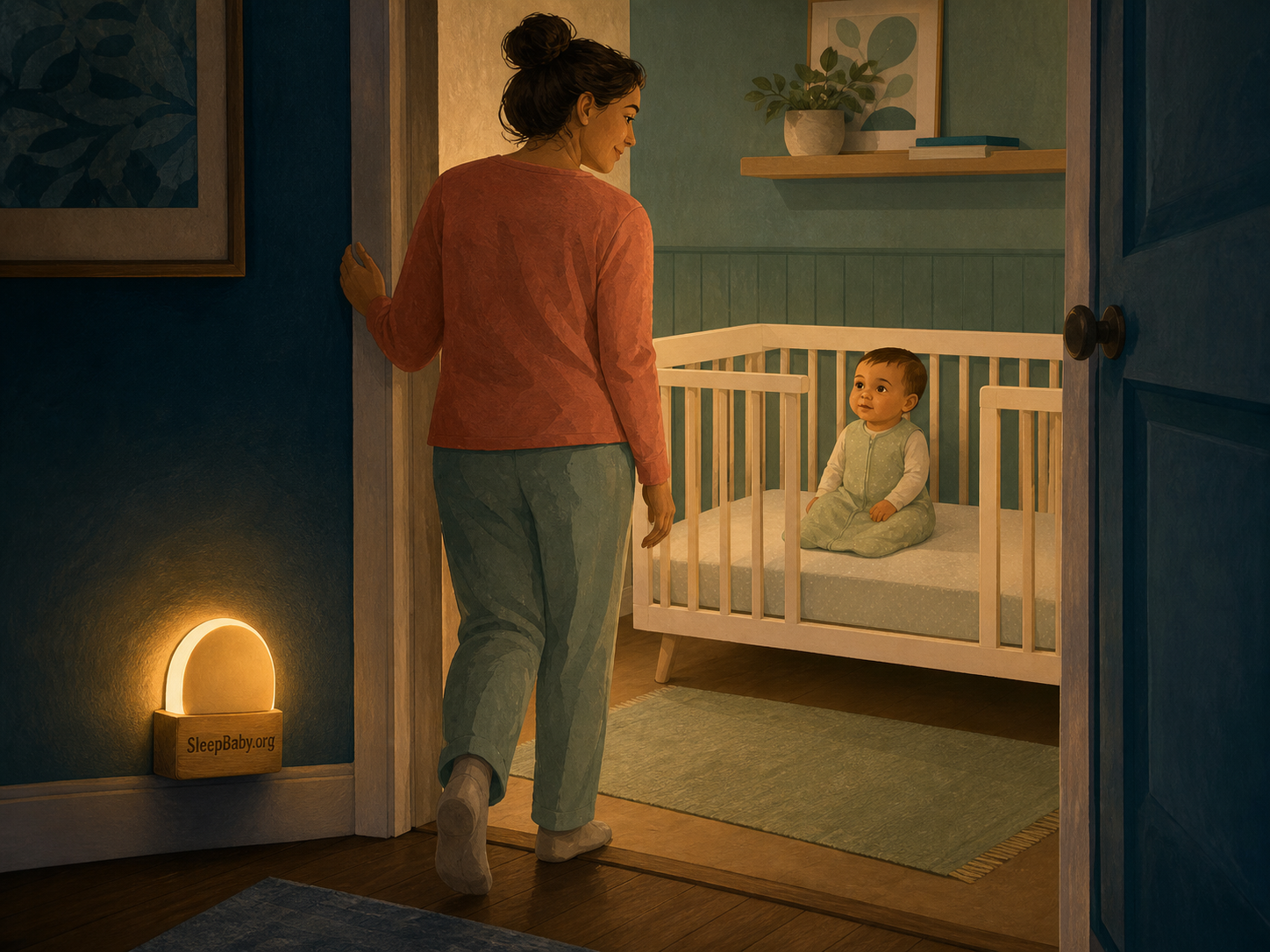 Nine-month-old baby standing in an empty crib as a caregiver returns through the dim nursery doorway beside a warm SleepBaby.org nightlight.