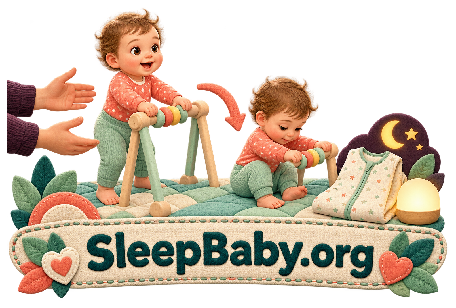 Transparent SleepBaby.org teaching rail showing supervised daytime standing practice, a guided bend, and a sleep sack beside a warm nightlight.