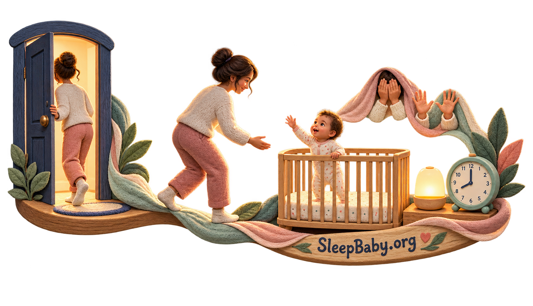 Transparent SleepBaby.org teaching rail showing a caregiver leaving and returning to a standing baby in a clear crib.