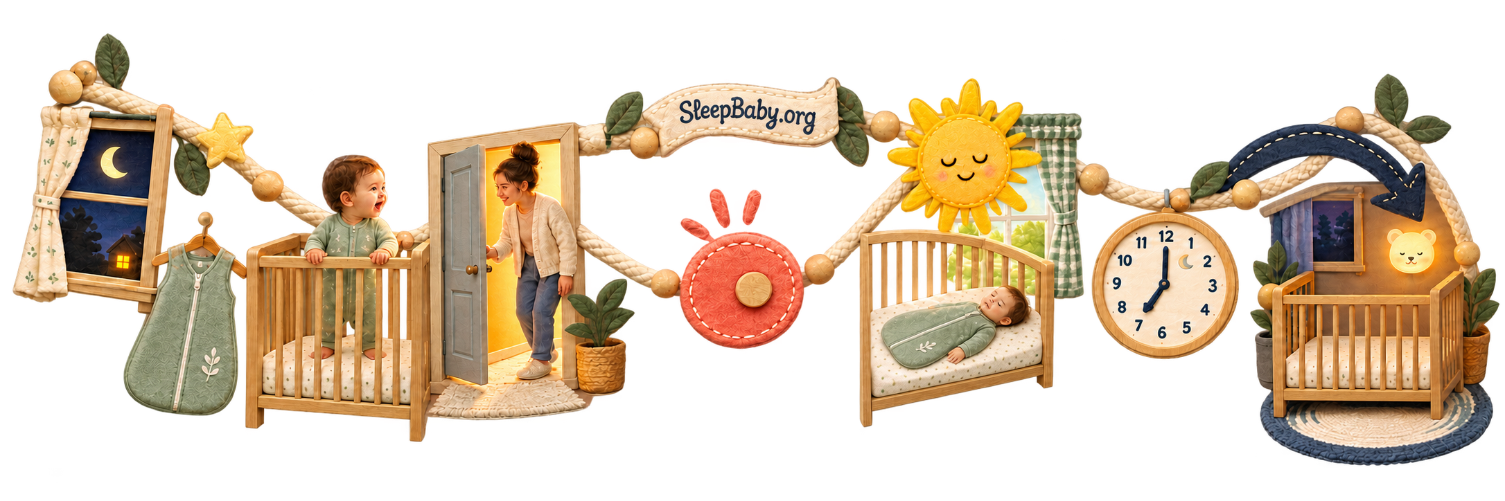 Transparent SleepBaby.org night map showing standing, caregiver return, a safe empty crib, and one-change tracking cues.