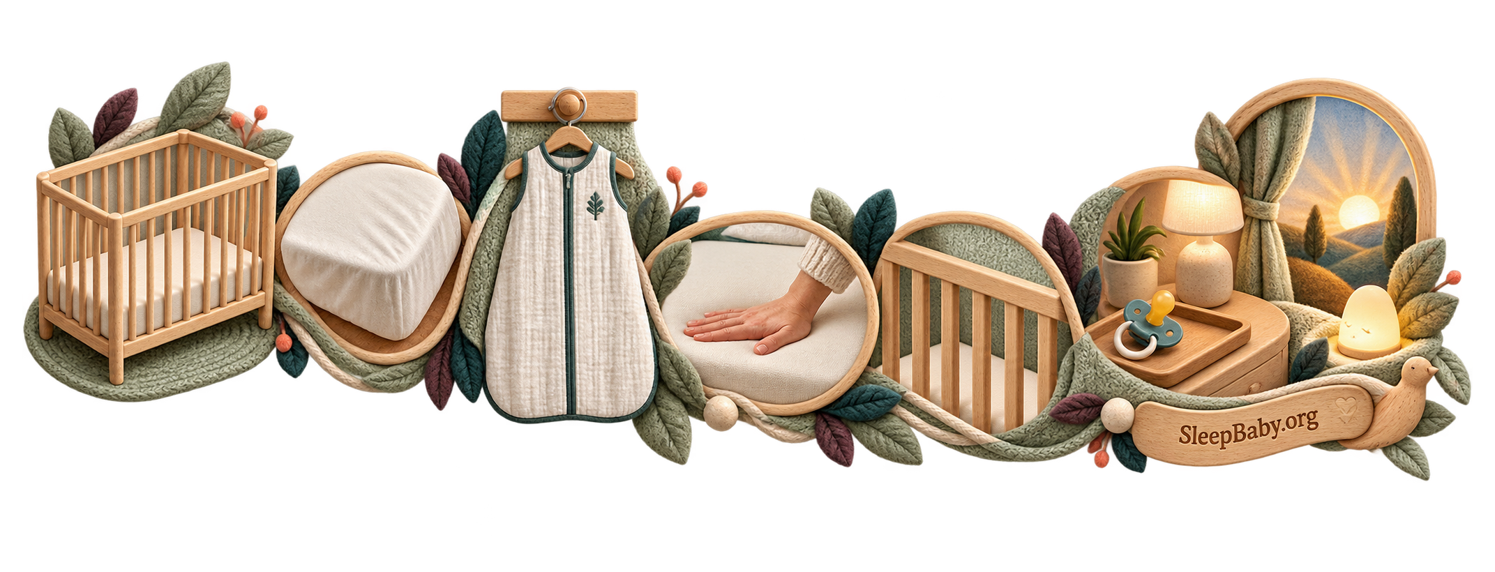 Transparent SleepBaby.org safe-sleep rail showing an empty crib, fitted sheet, sleep sack, bare rail, and warm nightlight.