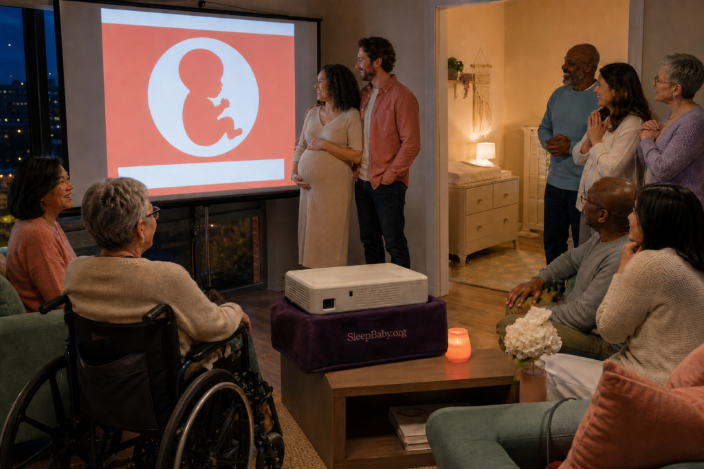 A multigenerational evening gender reveal includes a wheelchair user on a clear path as a captioned projector screen shows the result beside a softly lit nursery nook.