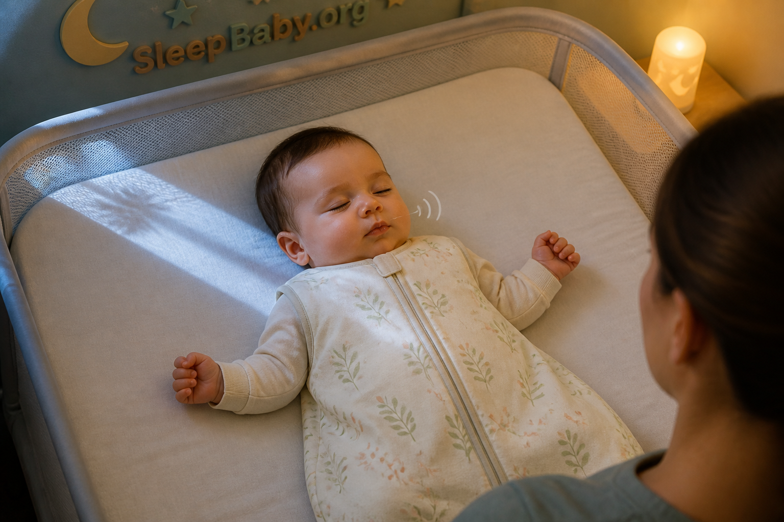 Baby sleeping on the back in a bare bassinet while a caregiver watches easy chest movement and a small sound ripple