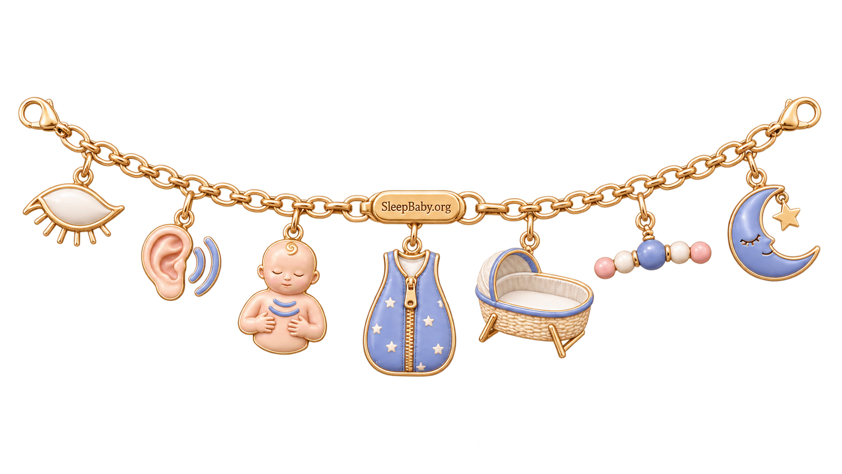 Seven charms show an eyelid, sound ripple, easy chest, sleep sack, empty bassinet, breath beads, and moon