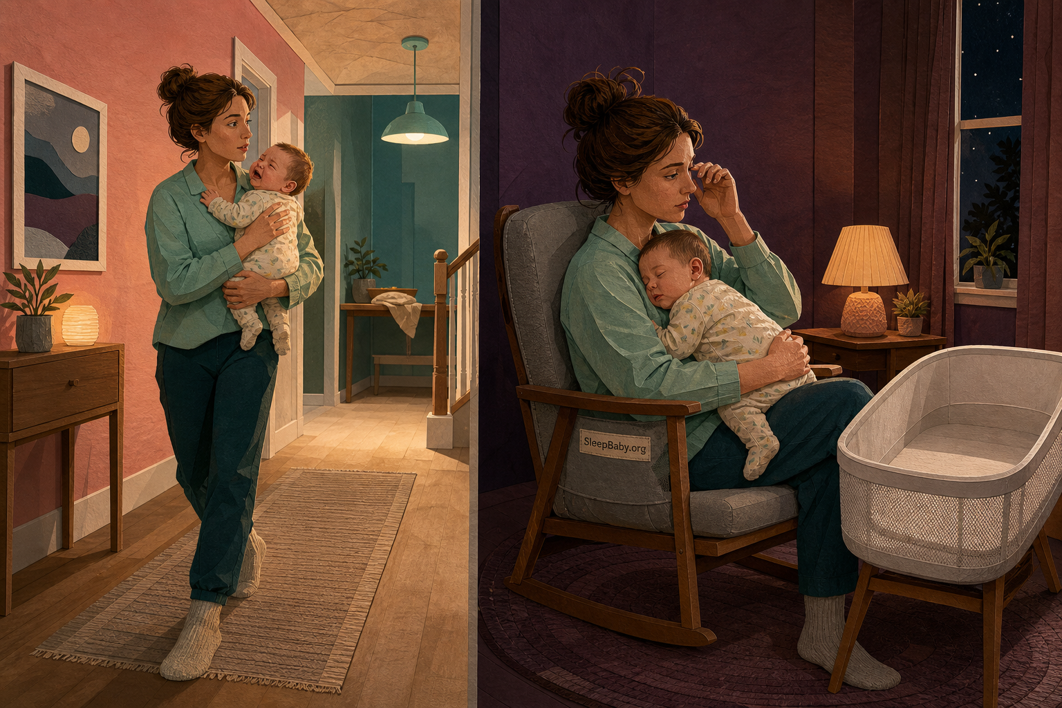 Split nighttime scene changing from active soothing to quiet holding beside an empty bassinet