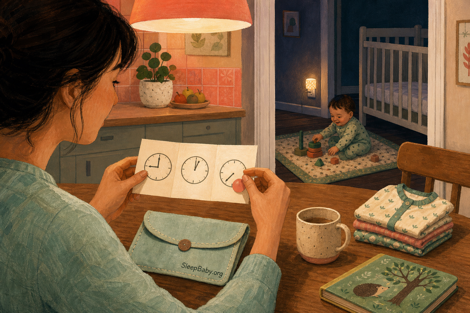 Caregiver reviews three clock marks on a daycare nap note while an awake baby plays near folded pajamas and a bare crib