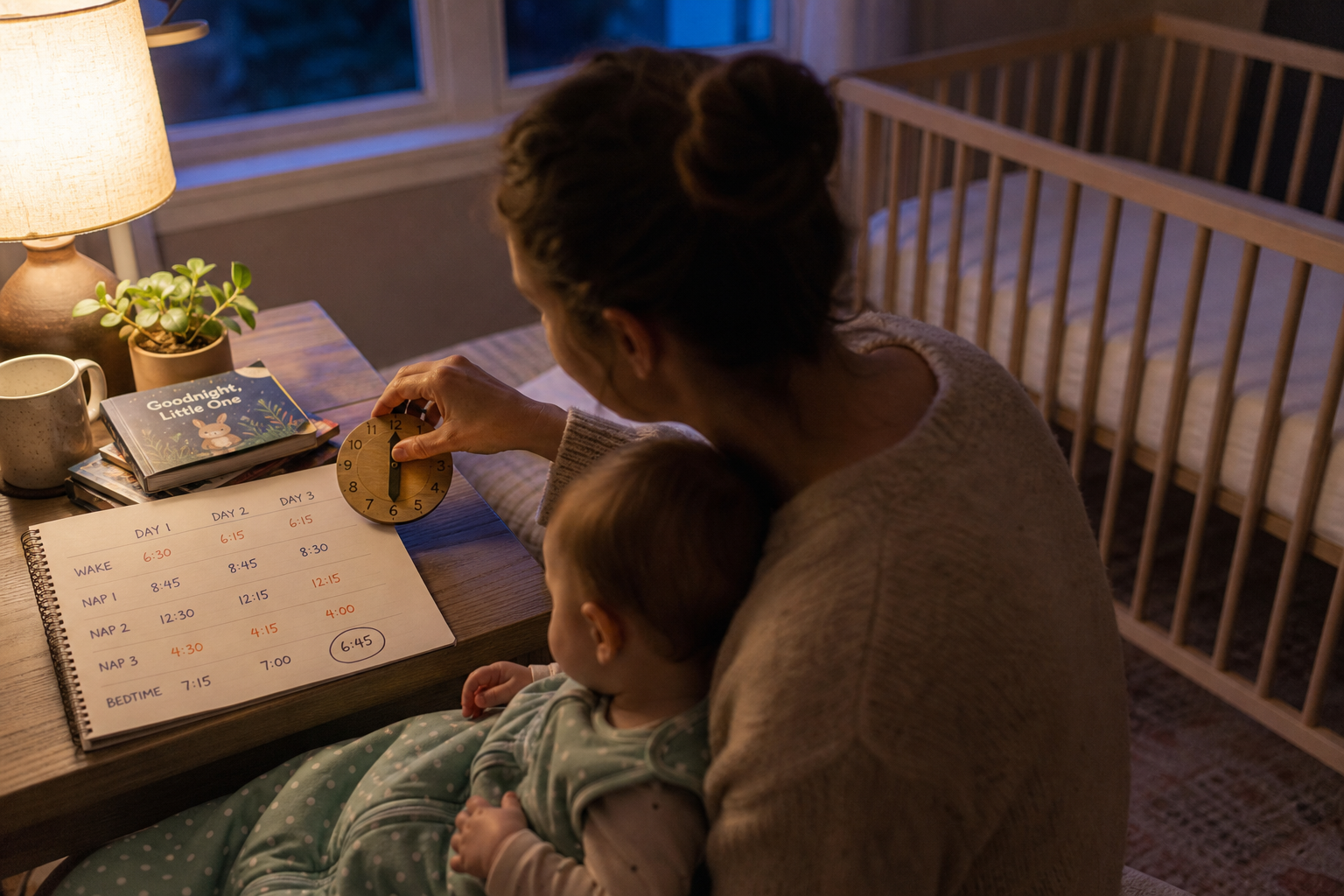 Caregiver at dusk moves a wooden clock beside a three-day baby sleep log while holding an awake baby near a bare crib
