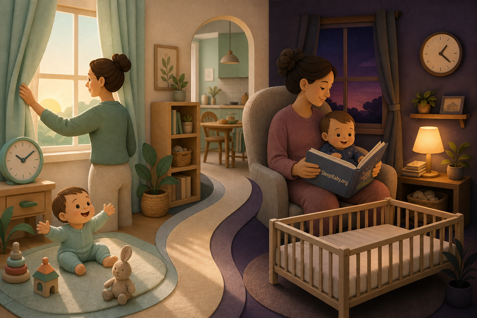 Cut-paper scene pairs morning curtains and clock with an evening book, lamp and empty crib