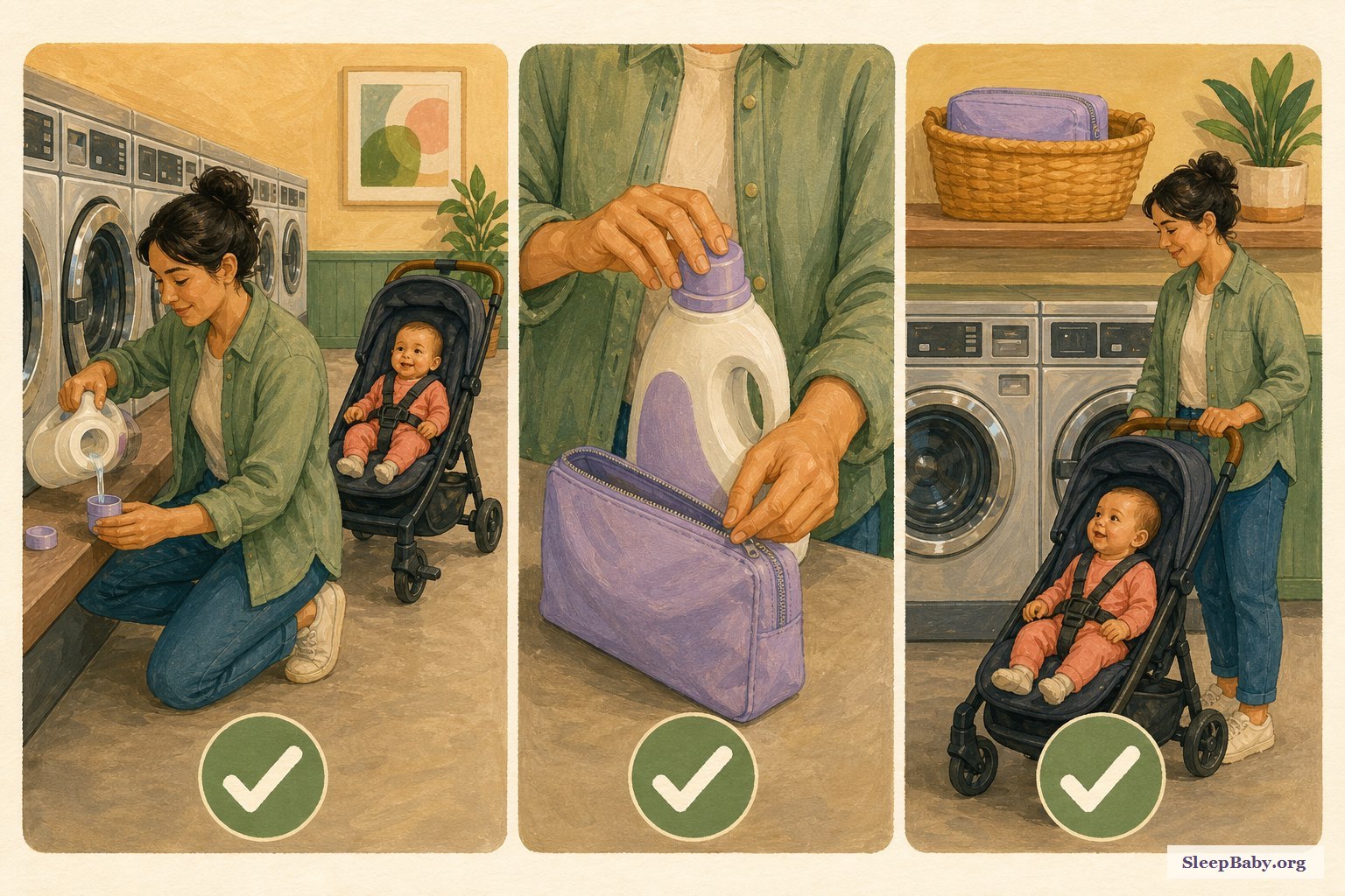 Three illustrated panels show a caregiver measuring liquid detergent away from a harnessed baby, closing the bottle, zipping it in a pouch, and returning to the stroller.