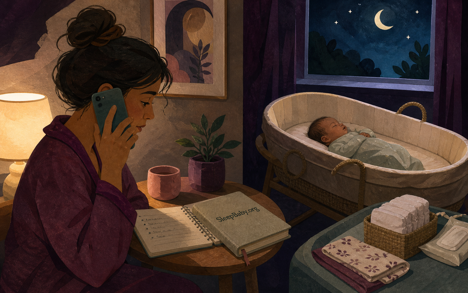 Caregiver calls the newborn clinician beside a short observation note while the baby rests safely in a separate empty bassinet