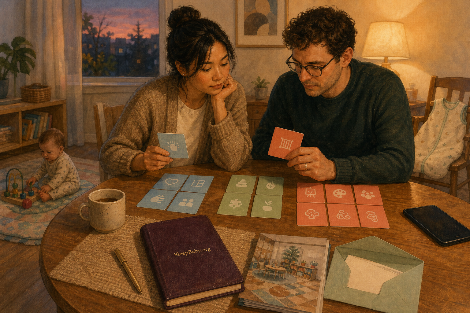 Evening editorial illustration shows two adults sorting three groups of observation cards at a table while an awake baby plays nearby and a phone rests face down.