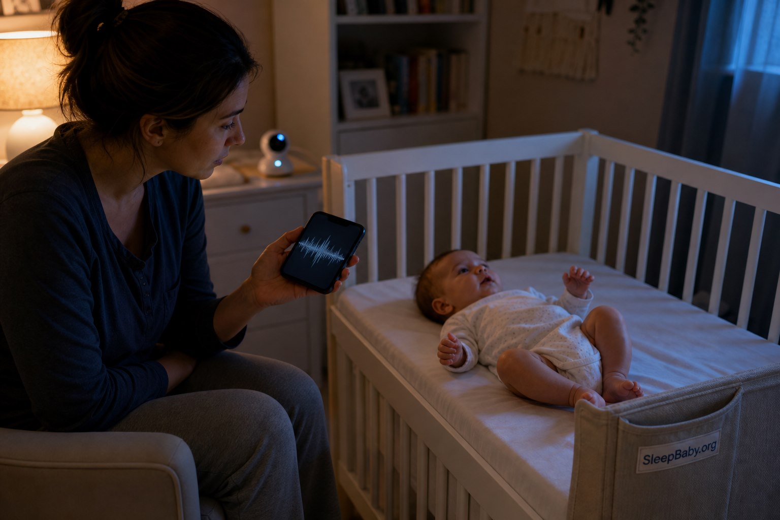 Tired parent holds a phone showing an audio waveform beside an awake baby lying on their back in an empty crib with a SleepBaby.org label outside the rail.