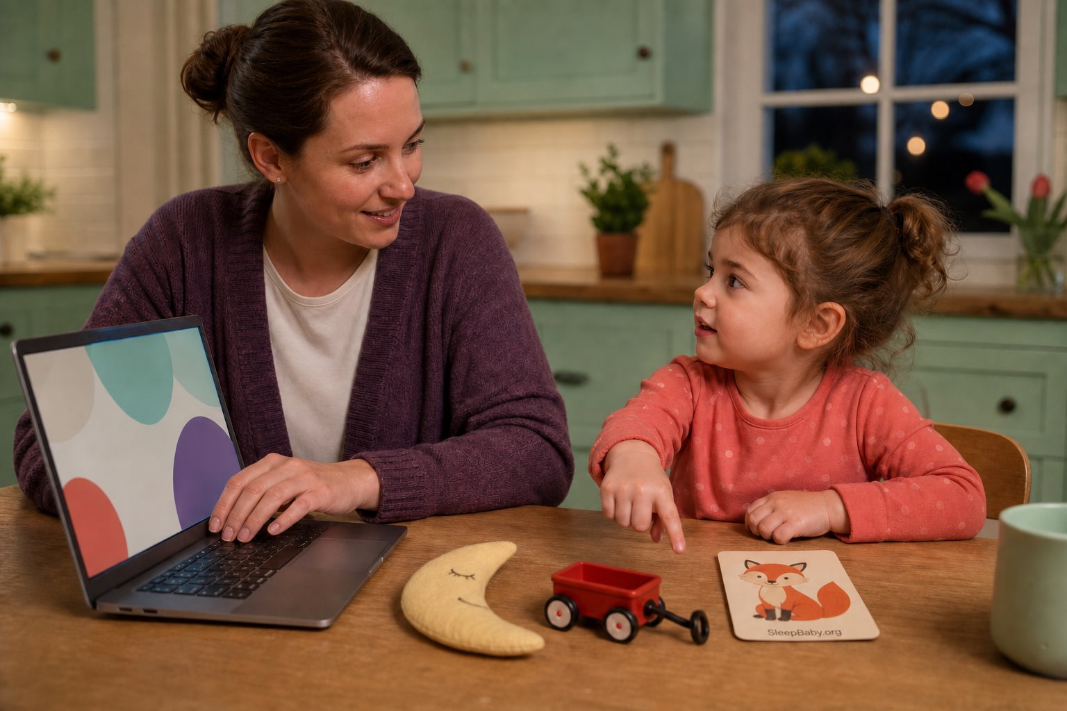 A mother and toddler sit at a kitchen table with a closed story choice card, a moon toy, a red wagon, and a fox card beside a laptop.