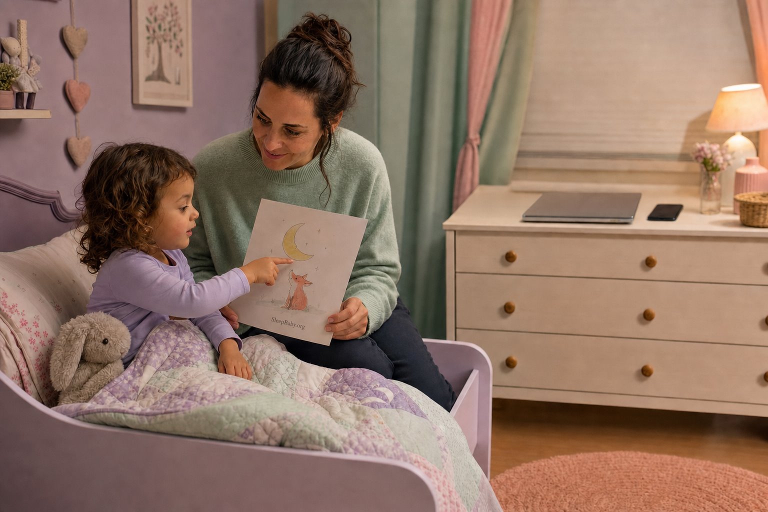 A mother reads a reviewed moon-and-fox story page to a toddler in bed while the laptop and phone remain closed on a dresser across the room.
