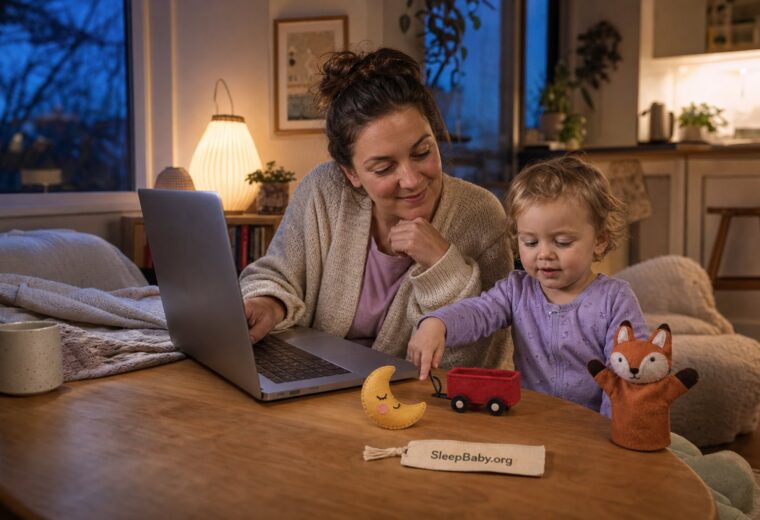A mother and toddler choose a moon, red wagon, and fox puppet beside an adult-controlled laptop at dusk.