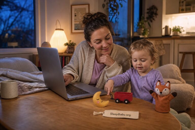 A mother and toddler choose a moon, red wagon, and fox puppet beside an adult-controlled laptop at dusk.