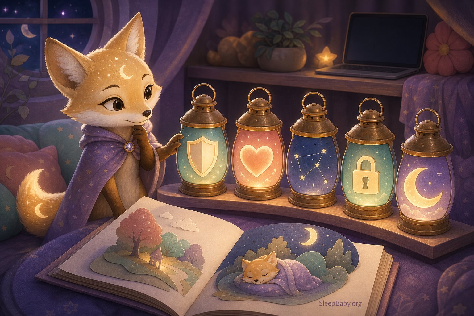 A luminous fox reviews an open bedtime book beside five lanterns showing a shield, heart, constellation, lock, and quiet crescent while a laptop rests dark in the background.