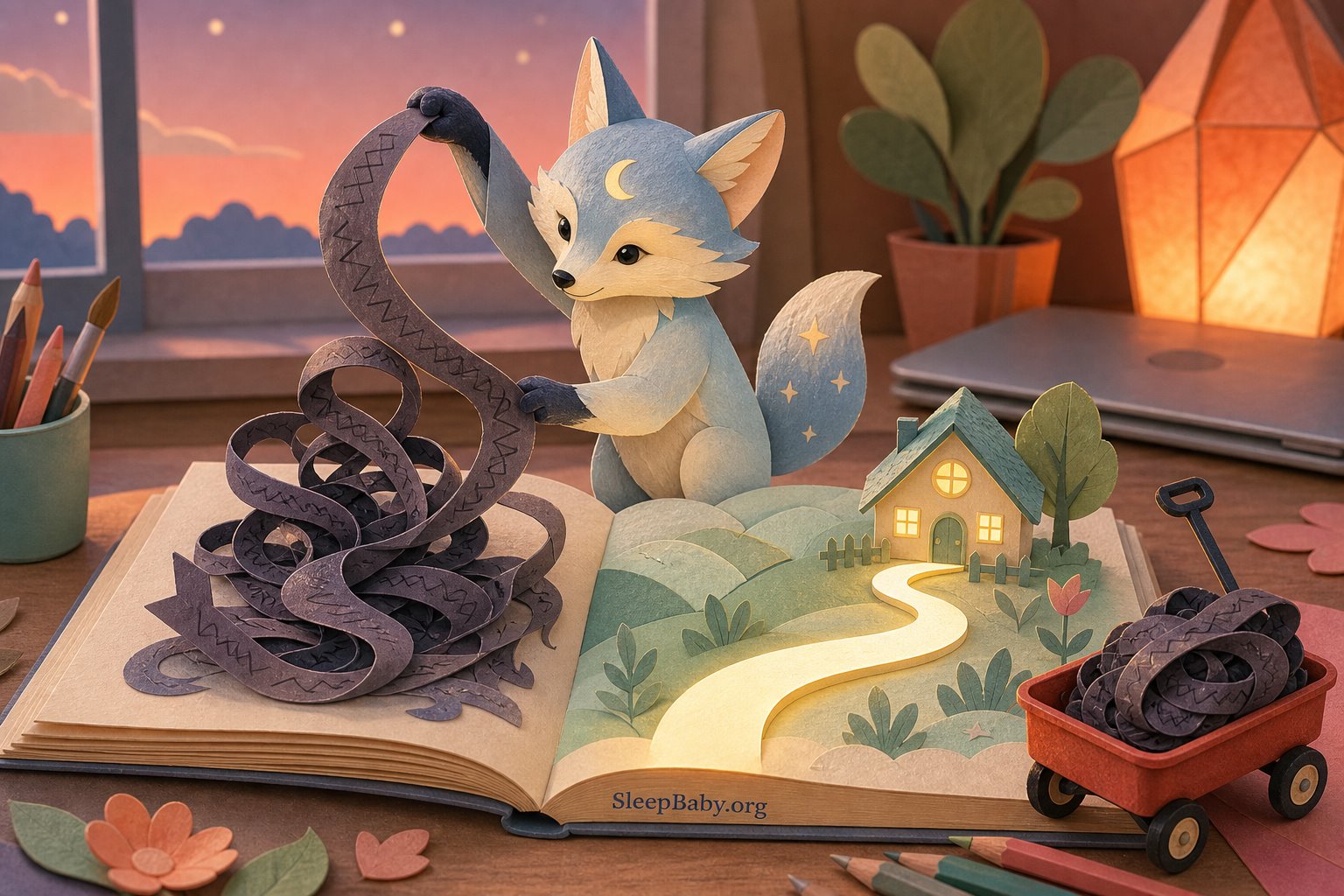 A paper-cut fox lifts a tangled dark plot from an open storybook and replaces it with a glowing path to a safe little home while a closed laptop sits behind the book.