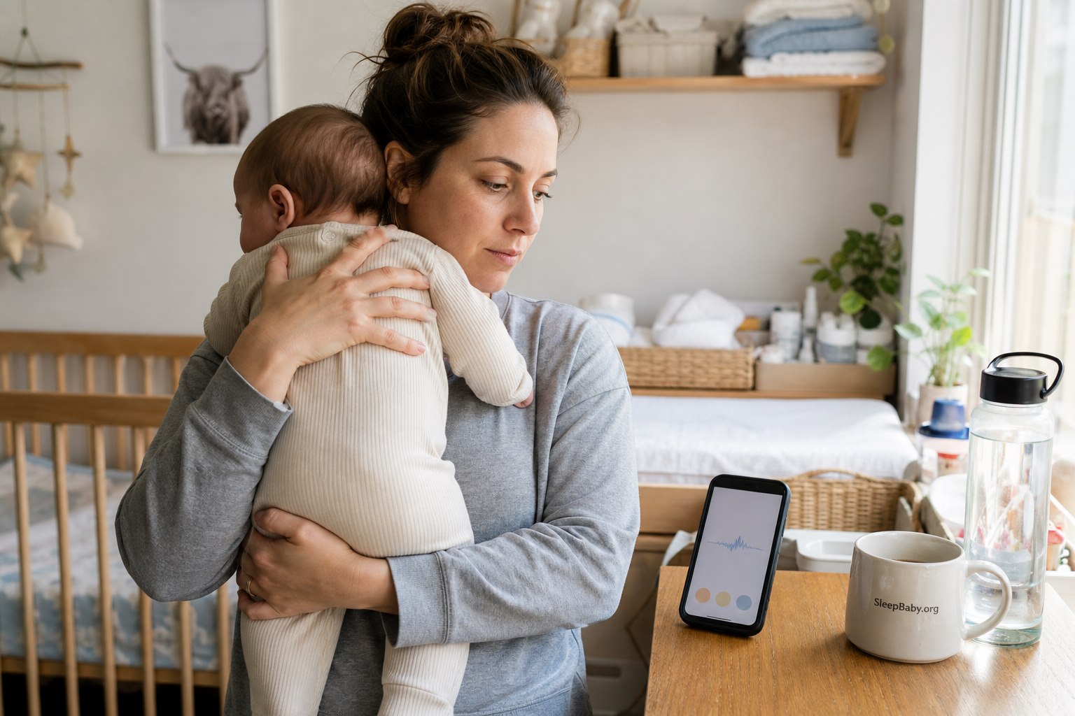 Parent supports a baby against their chest while a nearby phone shows an abstract cry waveform and a mug reads SleepBaby.org.