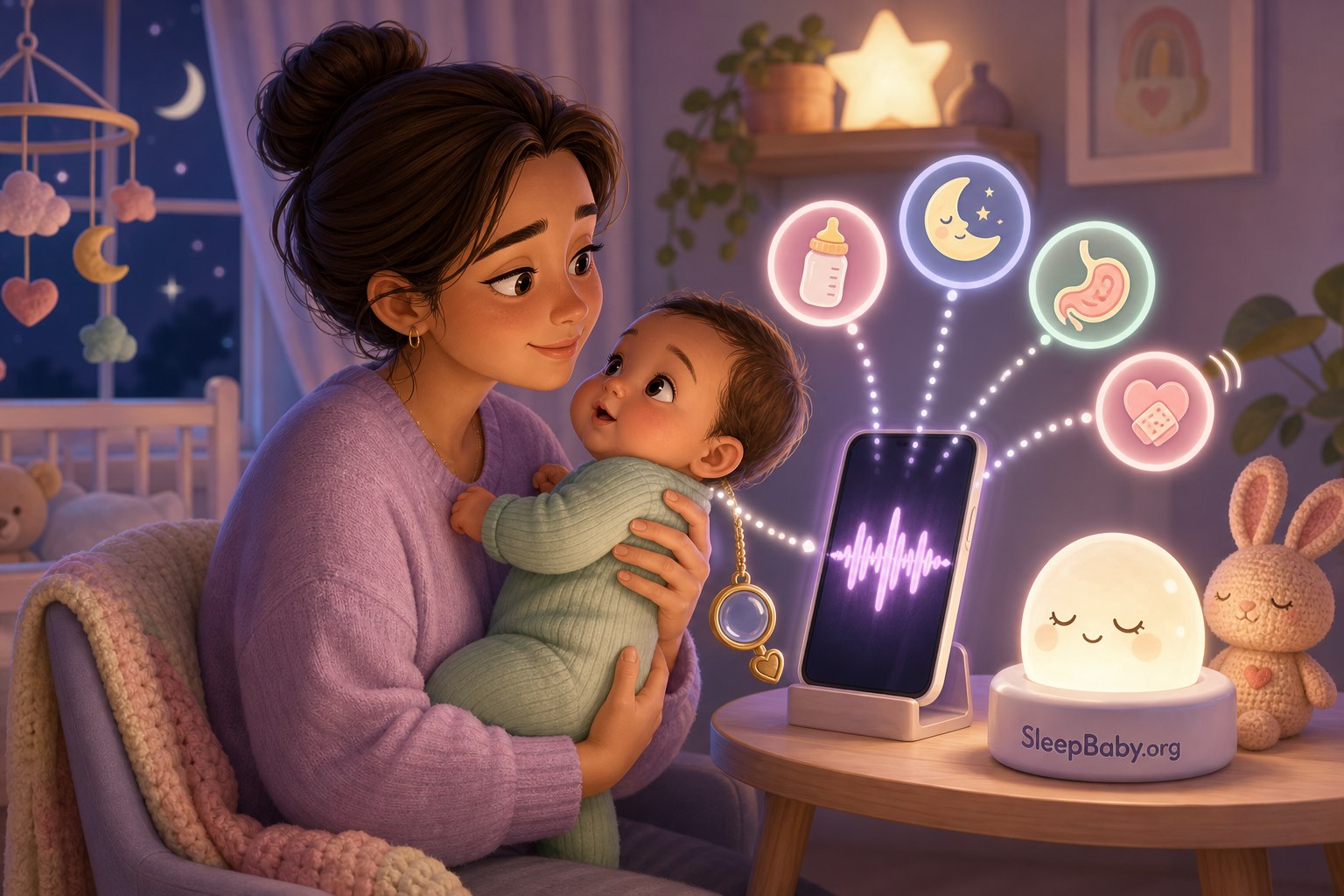 Illustrated parent holds an awake baby beside a phone waveform and five glowing clue icons while a magnifying-glass charm points back toward the baby.