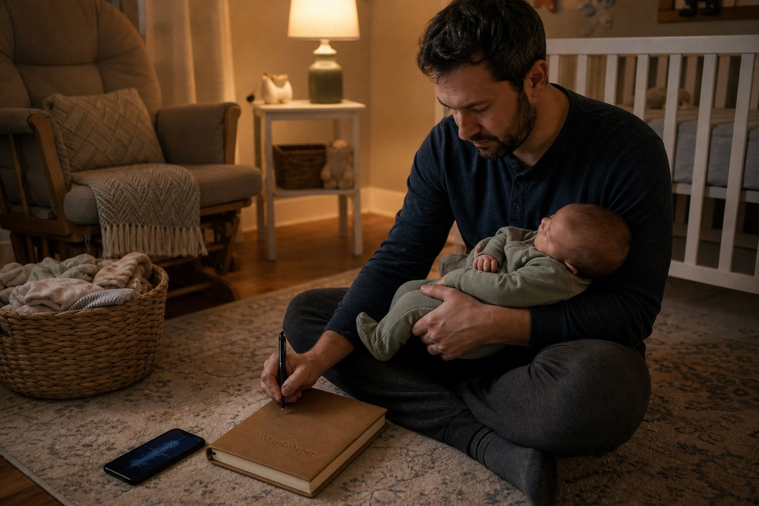 Father supports a calm baby on a nursery rug while writing in a notebook labeled SleepBaby.org beside a phone with an audio waveform.