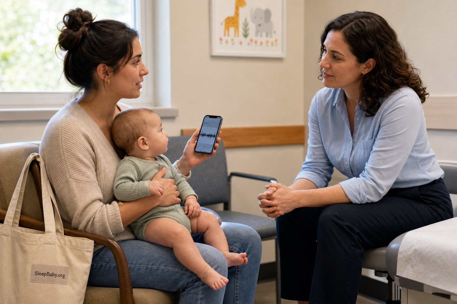 Parent holds a baby and shows a phone waveform to a clinician while a canvas bag beside them reads SleepBaby.org.